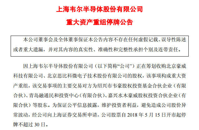重磅!韋爾股份籌劃收購北京豪威和思比科
