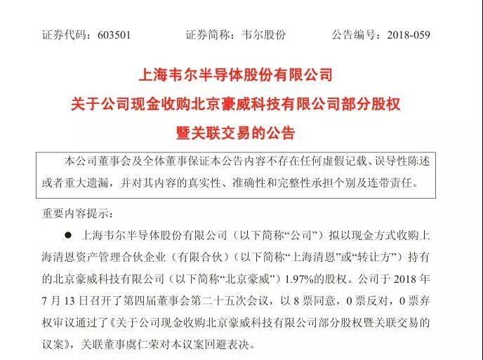 韋爾股份擬不超過(guò)3億元現(xiàn)金收購(gòu)北京豪威1.97%的股權(quán)