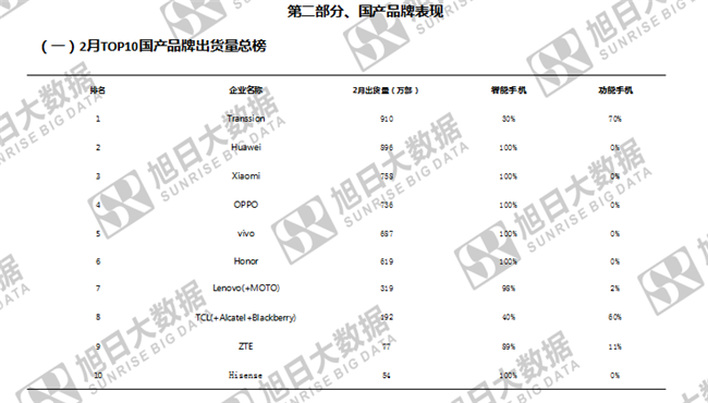 傳音手機(jī)全球市場(chǎng)表現(xiàn)(2019年2月)