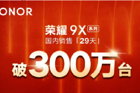 榮耀9X系列手機29天國內(nèi)銷量突破300萬臺